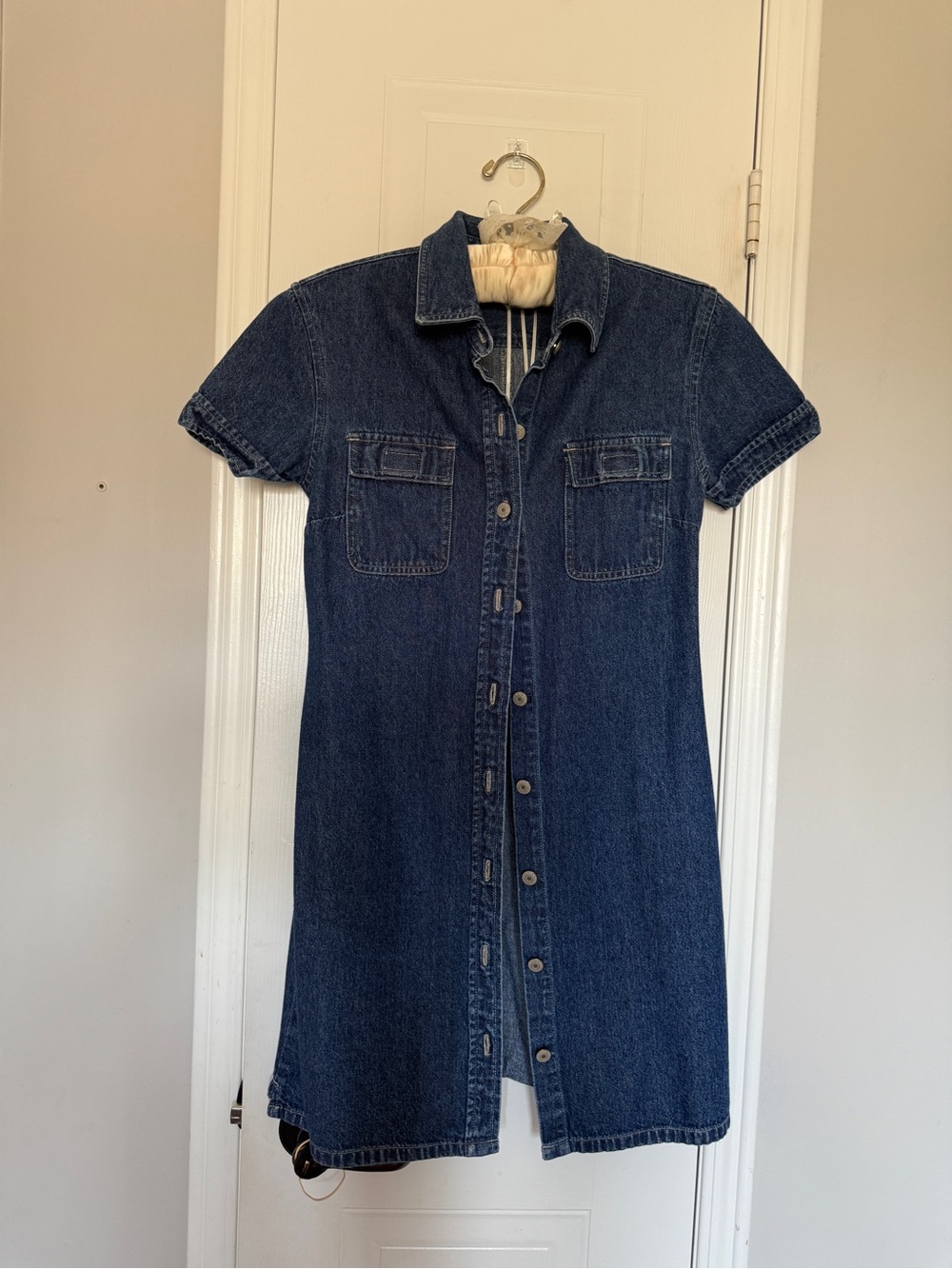 Denim Button-Front Short Sleeve Dress - Dark Blue